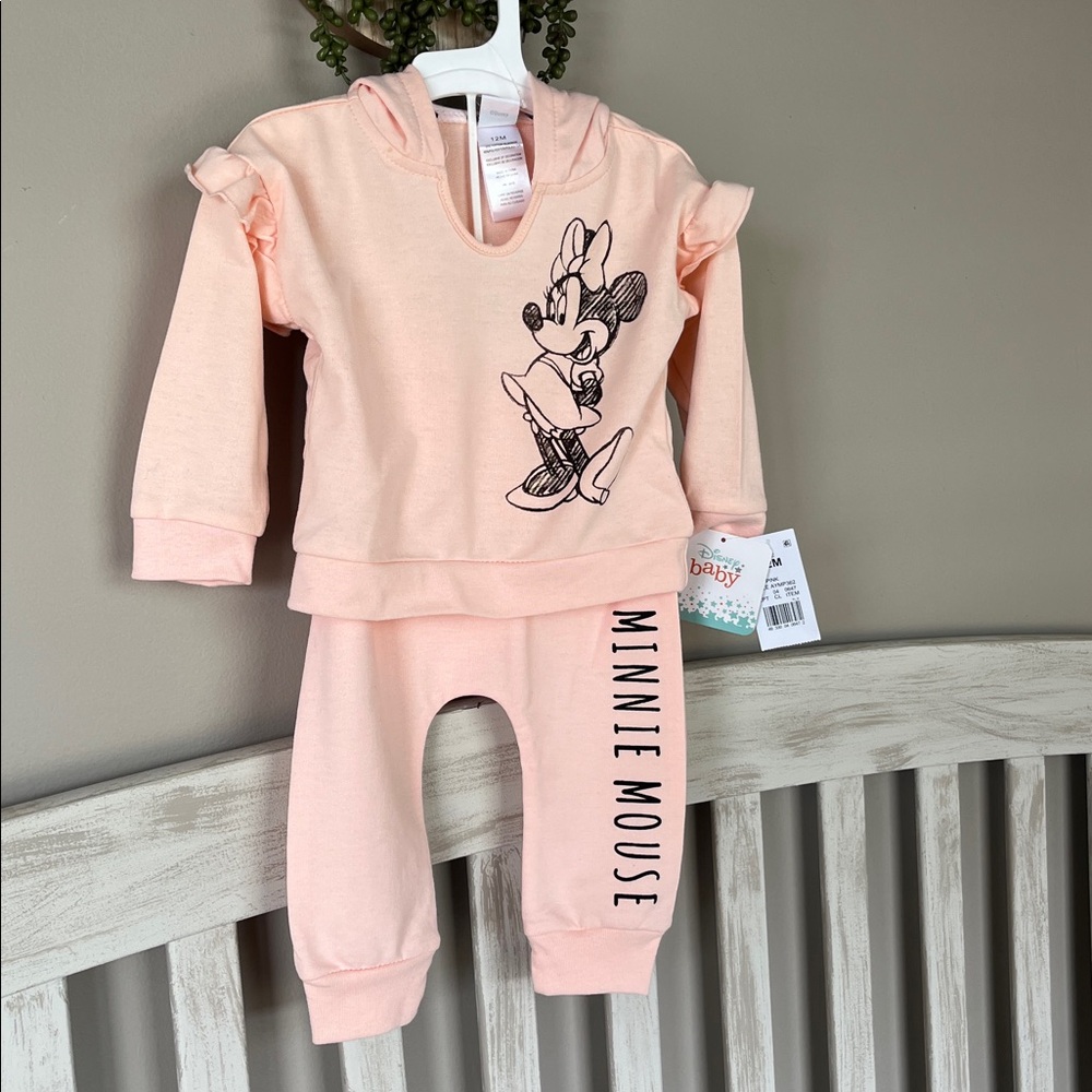 Disney Baby Girl Size 12month Peachy Pink Minnie Mouse Hoodie Outfit ~New~